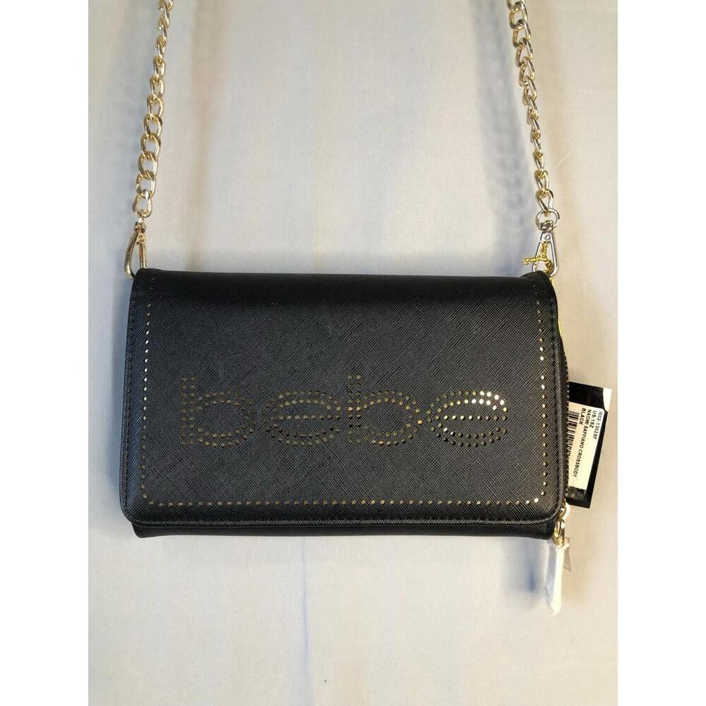 bebe Naomi Saffiano Crossbody Bag in Black with Gold Hardware NWT